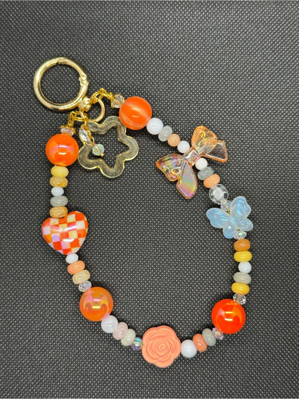 Handmade Orange Beaded Charm Bracelet with Butterfly and Heart